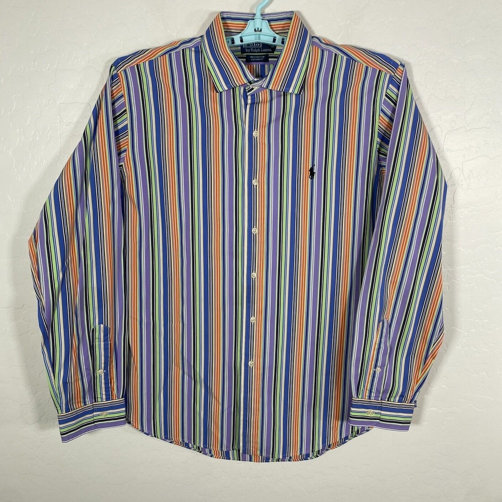 Polo Ralph Lauren Shirt Mens XL Blue Custom Fit Westerton Button Up Striped Pony